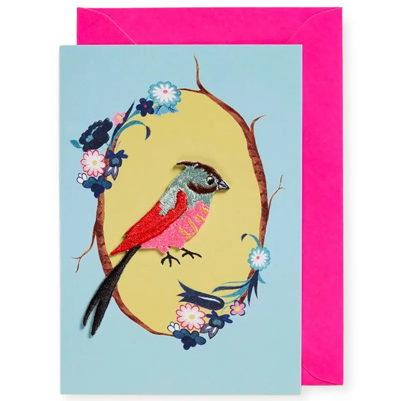Embroidered Bird Iron On Patch Greetings Card in Mint by Petra Boase