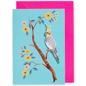 Embroidered Bird Iron On Patch Greetings Card in Turquoise by Petra Boase