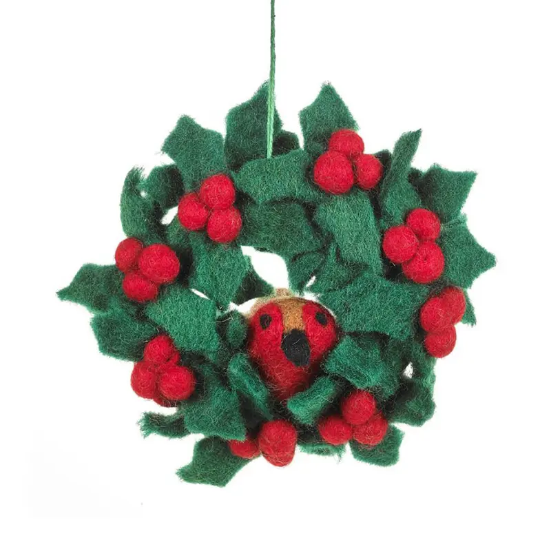 Holly and Robin Mini Wreath Hanging Christmas Decoration by Felt So Good