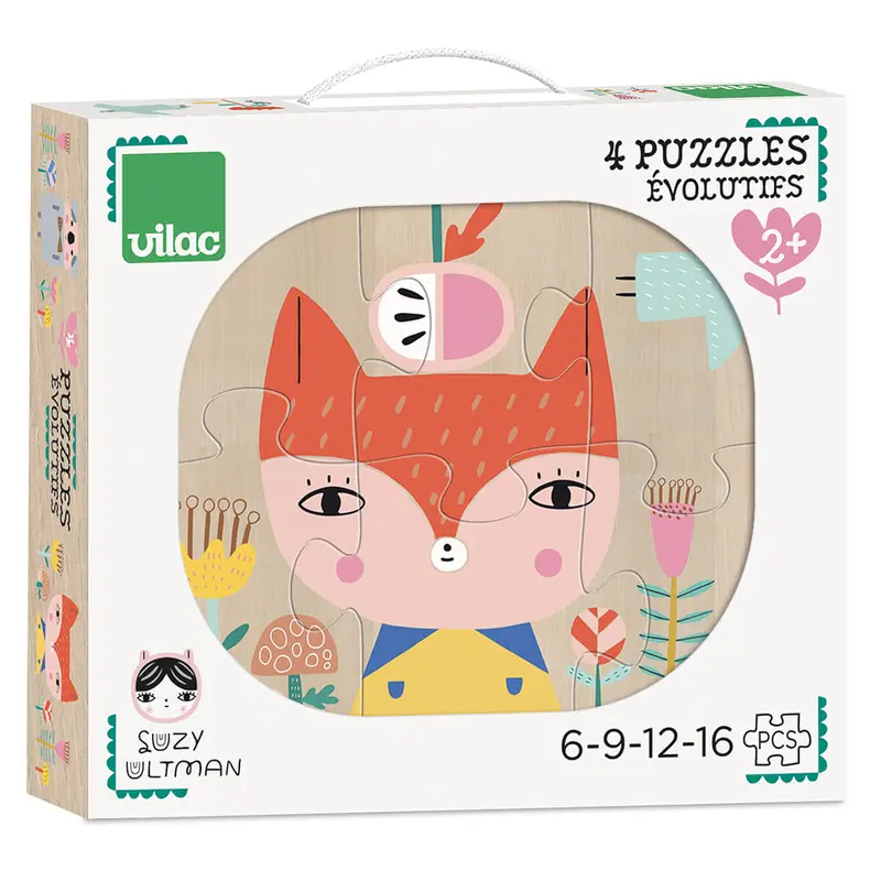 Suzy Ultman Evolutive Wooden Jigsaw Puzzles by Vilac (Set of 4)