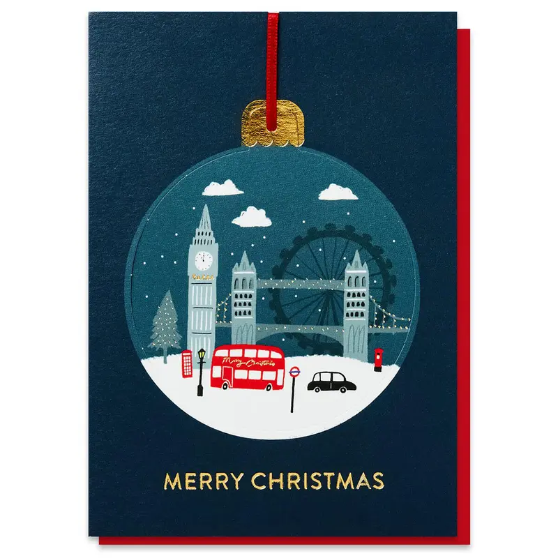 London In The Snow Bauble Christmas Greetings Card by Stormy Knight