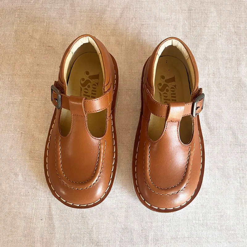 Parker Velcro T-Bar Shoes in Burnished Tan Leather by Young Soles