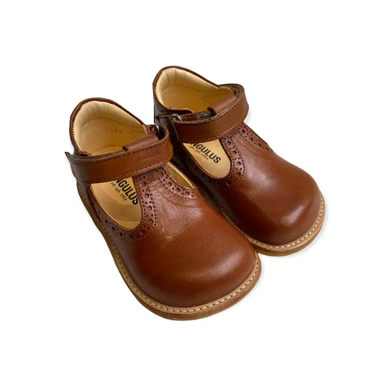 Wide Fit Brogue T Bar Starter Mary Janes in Cognac by Angulus - Last Ones In Stock - 22-25 EUR