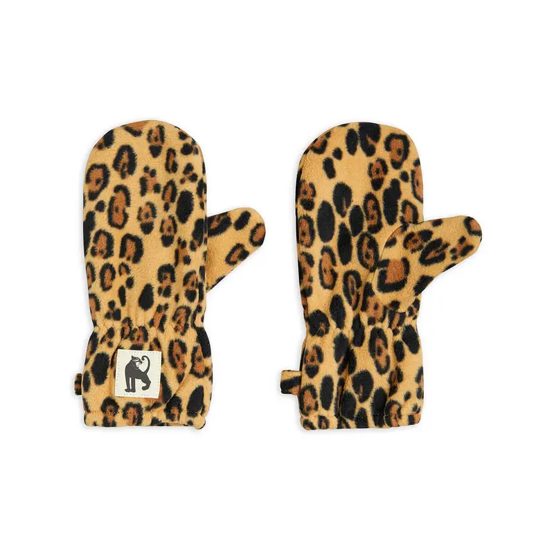 Leopard Fleece Mittens in Brown by Mini Rodini