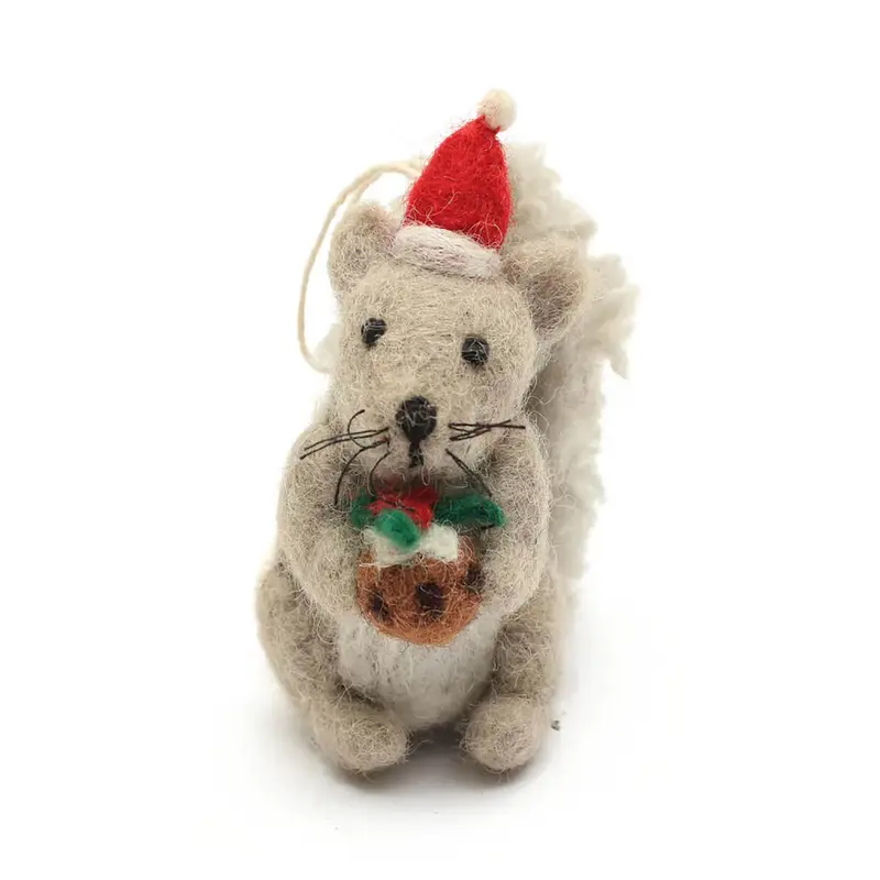 Grey Squirrel With Christmas Pudding Hanging Decoration by Amica