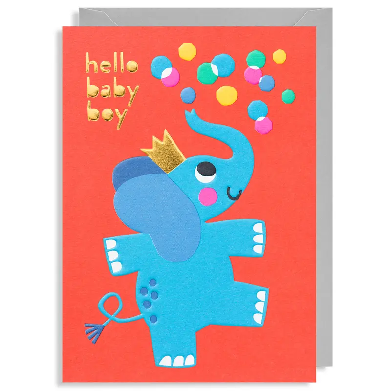 Hello Baby Boy Elephant Greetings Card by Myriam Van Neste for Lagom Design