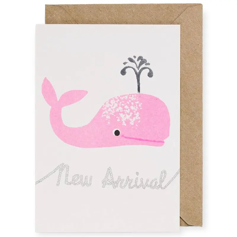 Pink Whale New Baby Greetings Card by Petra Boase