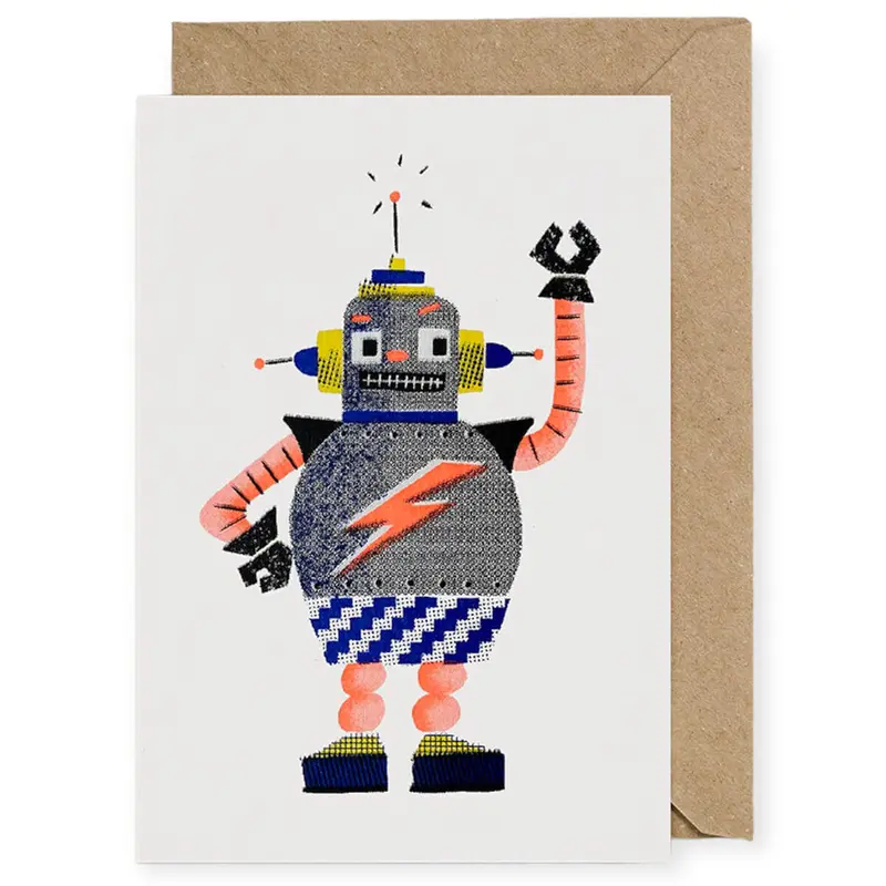 Zap Robot Greetings Card by Petra Boase