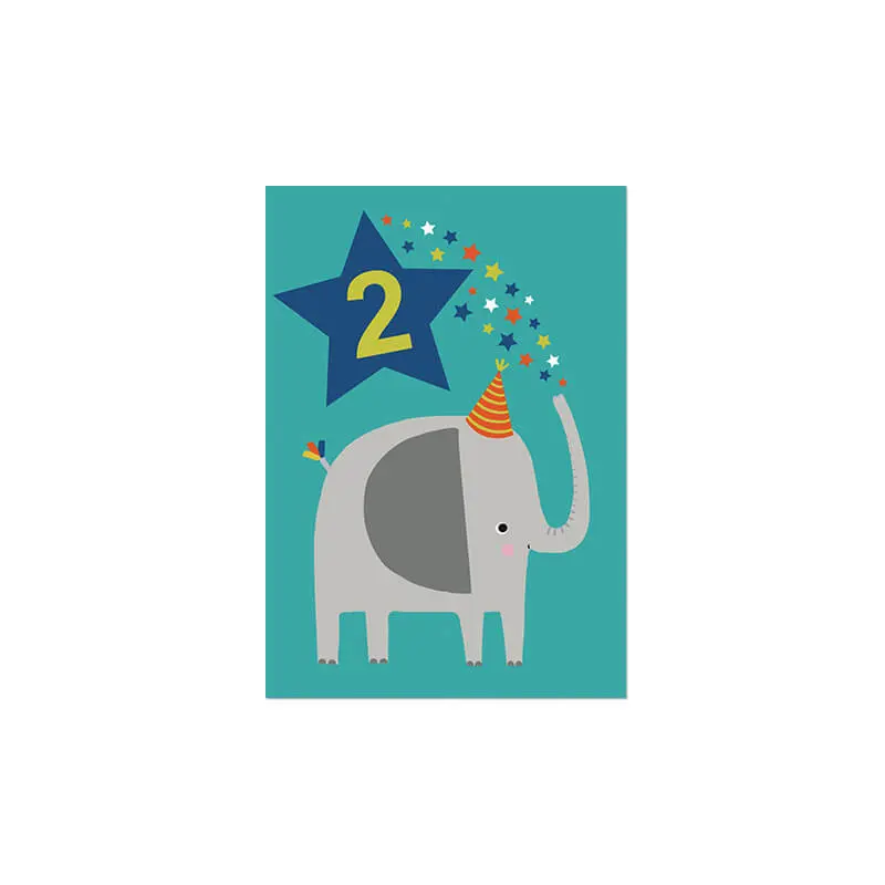 Age 2 Elephant Greetings Card (Blue Background) by Mifkins