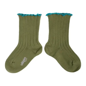 Delphine Lettuce Trim Ribbed Ankle Socks in Olive Du Luberon by Collegien