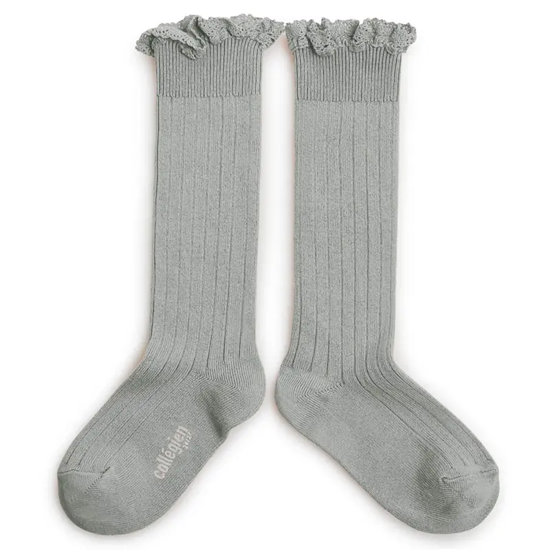 Josephine Lace Trim Ribbed Knee High Socks in Aigue Marine by Collegien