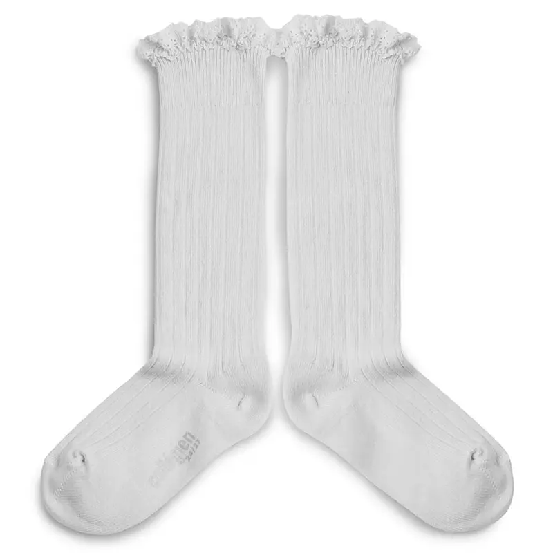 Josephine Lace Trim Ribbed Knee High Socks in Blanc Neige by Collegien - Last One In Stock - 1-2 Years