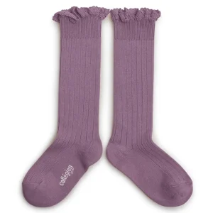Josephine Lace Trim Ribbed Knee High Socks in Glycine Du Japon by Collegien - Last One In Stock - 1-2 Years