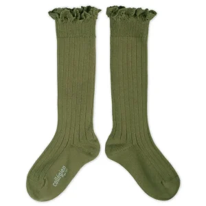 Josephine Lace Trim Ribbed Knee High Socks in Olive Du Luberon by Collegien