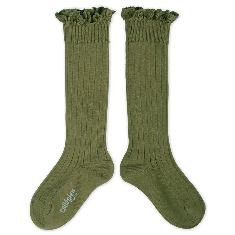 Josephine Lace Trim Ribbed Knee High Socks in Olive Du Luberon by Collegien