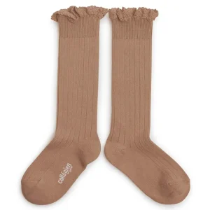 Josephine Lace Trim Ribbed Knee High Socks in Petite Taupe by Collegien