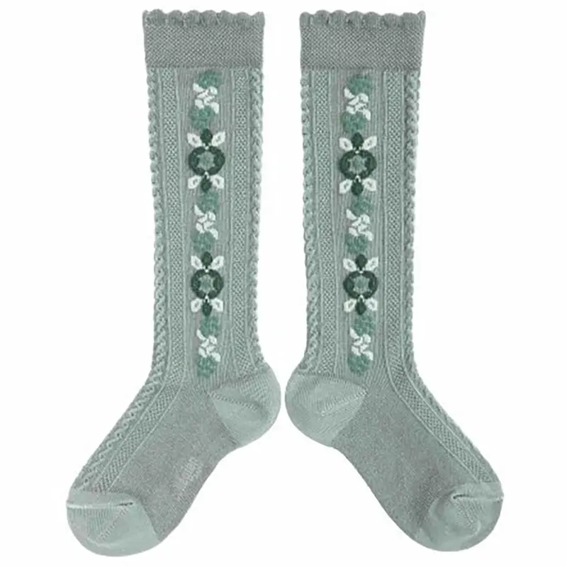 Dalia Jacquard Flower Knee High Socks in Aigue Marine by Collegien