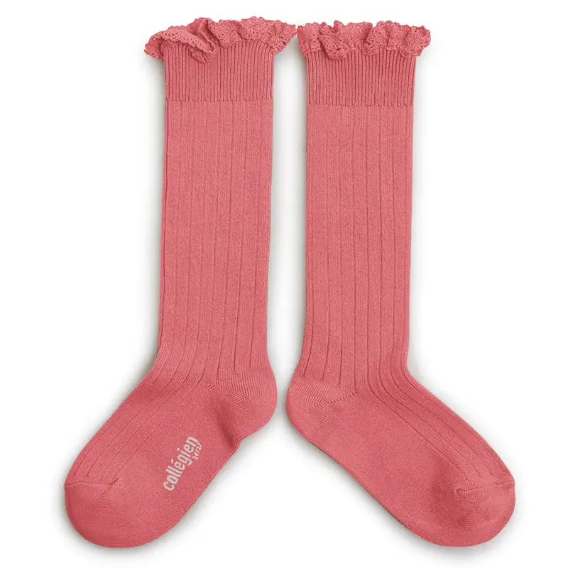 Josephine Lace Trim Ribbed Knee High Socks in Rose Litchi by Collegien
