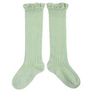 Josephine Lace Trim Ribbed Knee High Socks in Verveine by Collegien