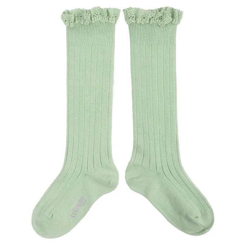 Josephine Lace Trim Ribbed Knee High Socks in Verveine by Collegien