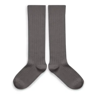 La Haute Ribbed Knee High Socks in Gris Galet by Collegien