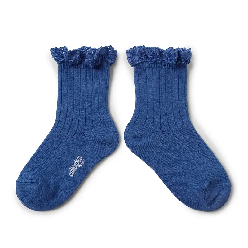 Lili Lace Trim Ribbed Ankle Socks in Bleu Saphir by Collegien - Last One In Stock - 1-2 years