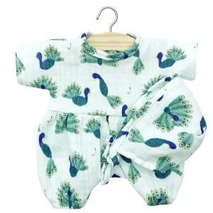 Noa Romper and Bonnet Set (28cm Doll) in Baby Peacock Print by Minikane