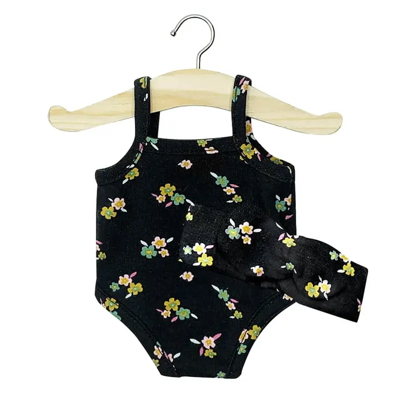 Petite Fleurs Sleeveless Bodysuit and Headband Outfit (34cm Doll) in Black by Minikane