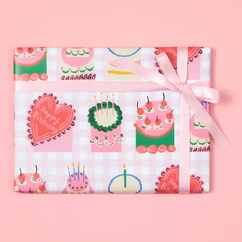 Gingham Birthday Cakes Gift Wrap by Rumble Cards