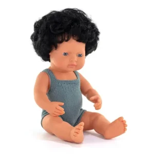 Black Curly Haired Boy Doll (38cm Caucasian) in Grey by Miniland
