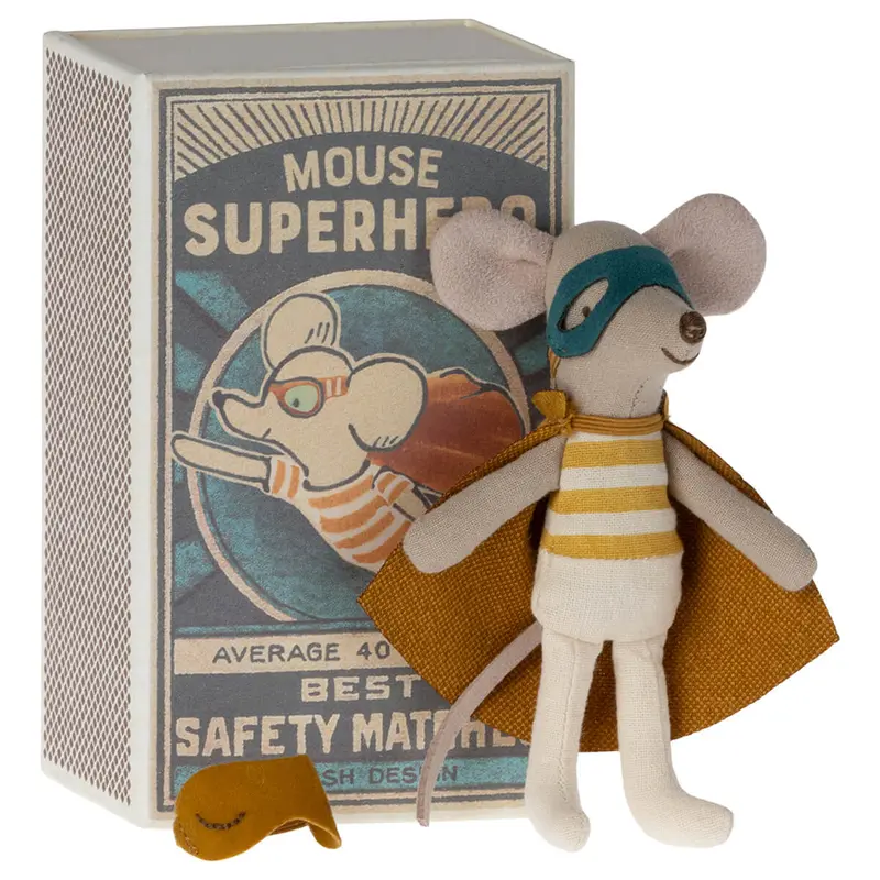 Super Hero Little Brother Mouse in a Matchbox (Teal Blanket) by Maileg