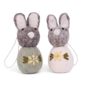 Grey Bunnies with Flower Embroidery Hanging Decorations (Set Of 2) in Green by Gry & Sif