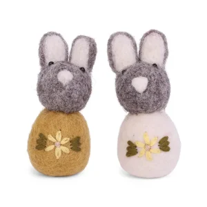 Grey Bunnies with Flower Embroidery Hanging Decorations (Set Of 2) in Yellow by Gry & Sif