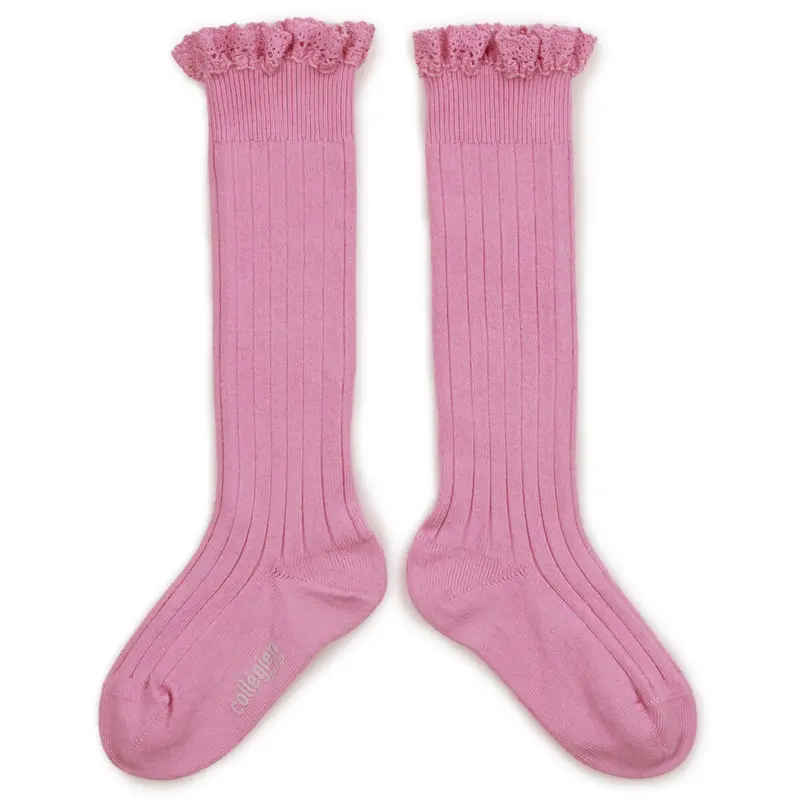 Josephine Lace Trim Ribbed Knee High Socks in Rose Bonbon by Collegien