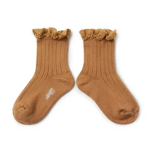 Lili Lace Trim Ribbed Ankle Socks in Caramel Au Buerre Sal by Collegien