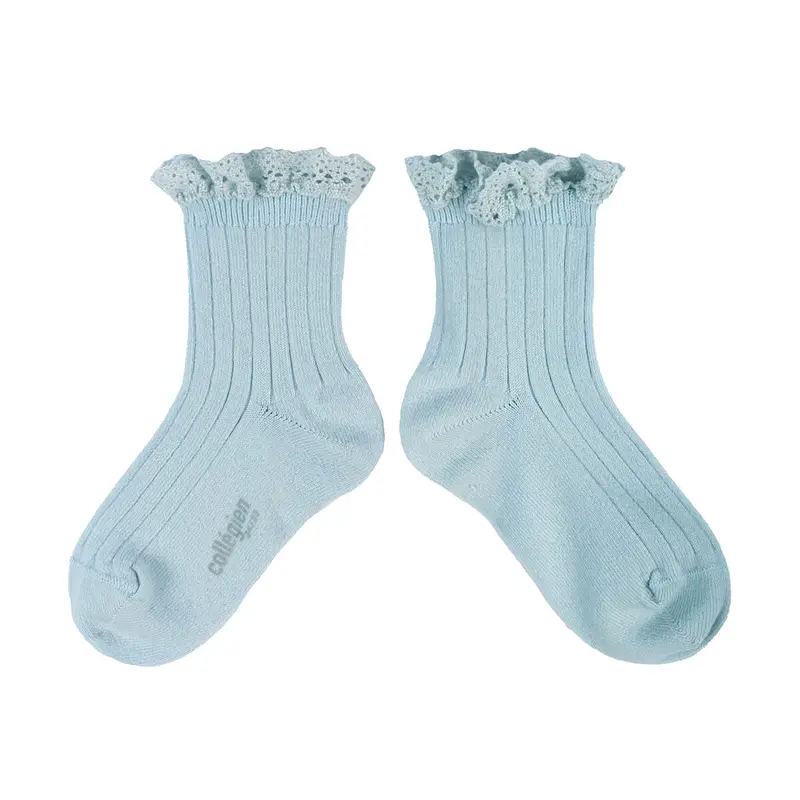Lili Lace Trim Ribbed Ankle Socks in Glacier by Collegien