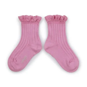 Lili Lace Trim Ribbed Ankle Socks in Rose Bonbon by Collegien - Last One In Stock - 10-12 Years
