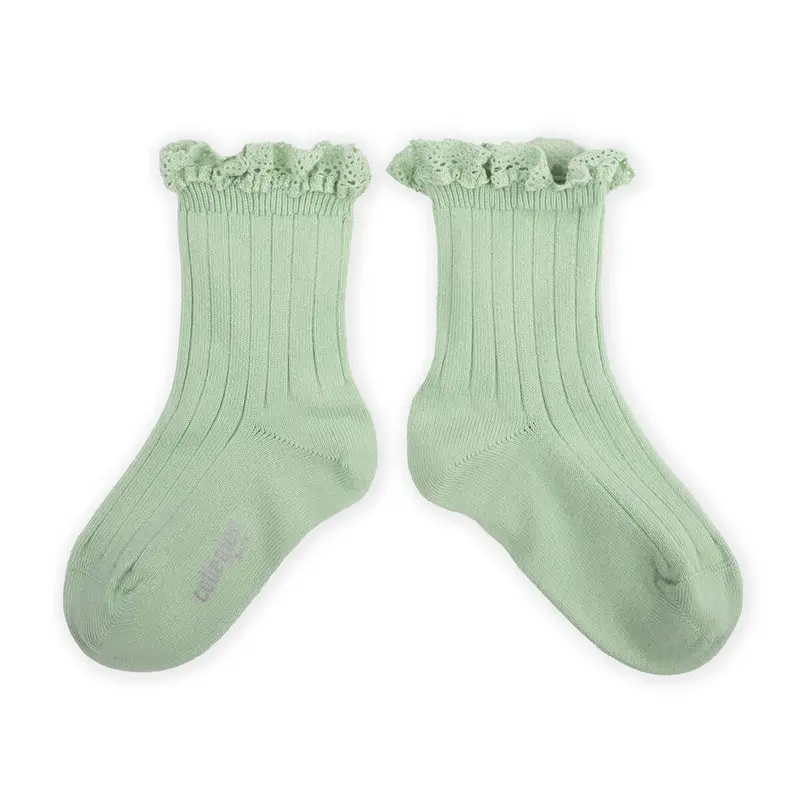 Lili Lace Trim Ribbed Ankle Socks in Verveine by Collegien