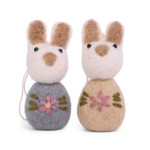 White Bunnies with Flower Embroidery Hanging Decorations (Set Of 2) in Blue by Gry & Sif