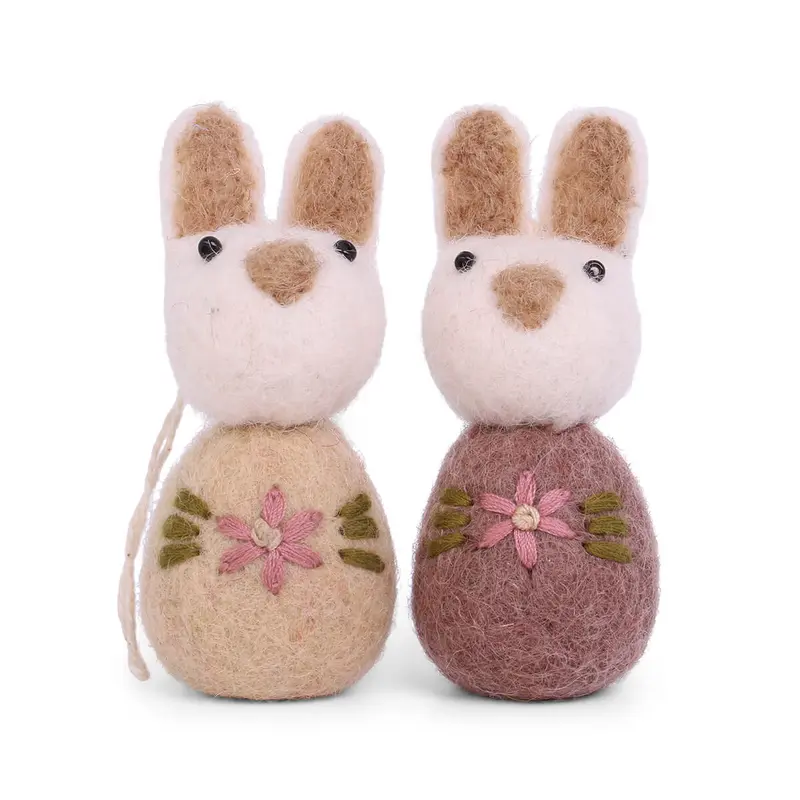 White Bunnies with Flower Embroidery Hanging Decorations (Set Of 2) in Plum by Gry & Sif