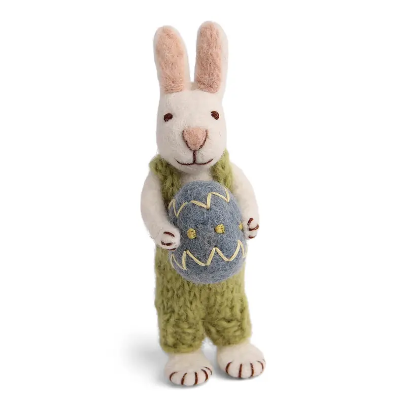 White Bunny With Green Pants And Blue Egg Hanging Decoration by Gry & Sif