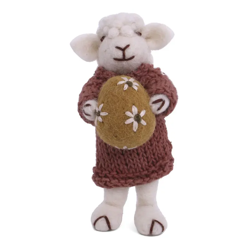 White Sheep With Dusty Red Dress And Egg Hanging Decoration by Gry & Sif