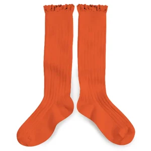 Josephine Lace Trim Ribbed Knee High Socks in Potiron by Collegien