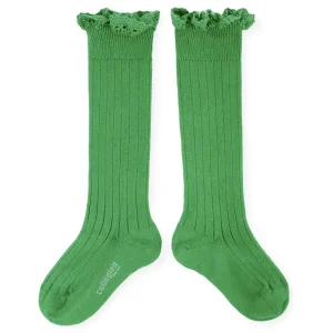 Josephine Lace Trim Ribbed Knee High Socks in Vert Jackpot by Collegien
