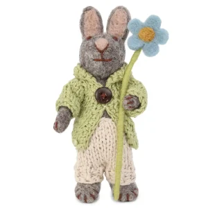 Grey Bunny With Green Jacket And Anemone Hanging Decoration by Gry & Sif