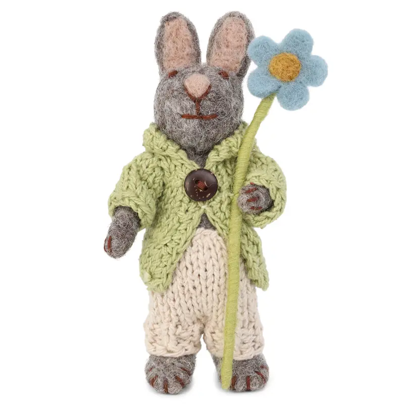 Grey Bunny With Green Jacket And Anemone Hanging Decoration by Gry & Sif