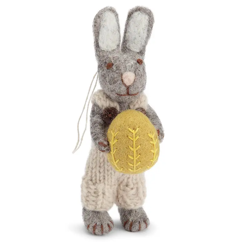 Grey Bunny With Off White Pants And Ochre Egg Hanging Decoration by Gry & Sif