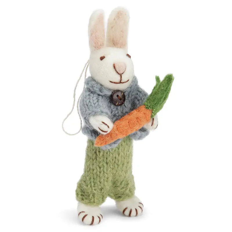 White Bunny With Blue Jacket And Carrot Hanging Decoration by Gry & Sif