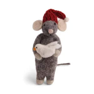 Grey Mouse With Bird Hanging Christmas Decoration by Gry & Sif