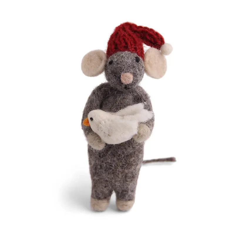 Grey Mouse With Bird Hanging Christmas Decoration by Gry & Sif